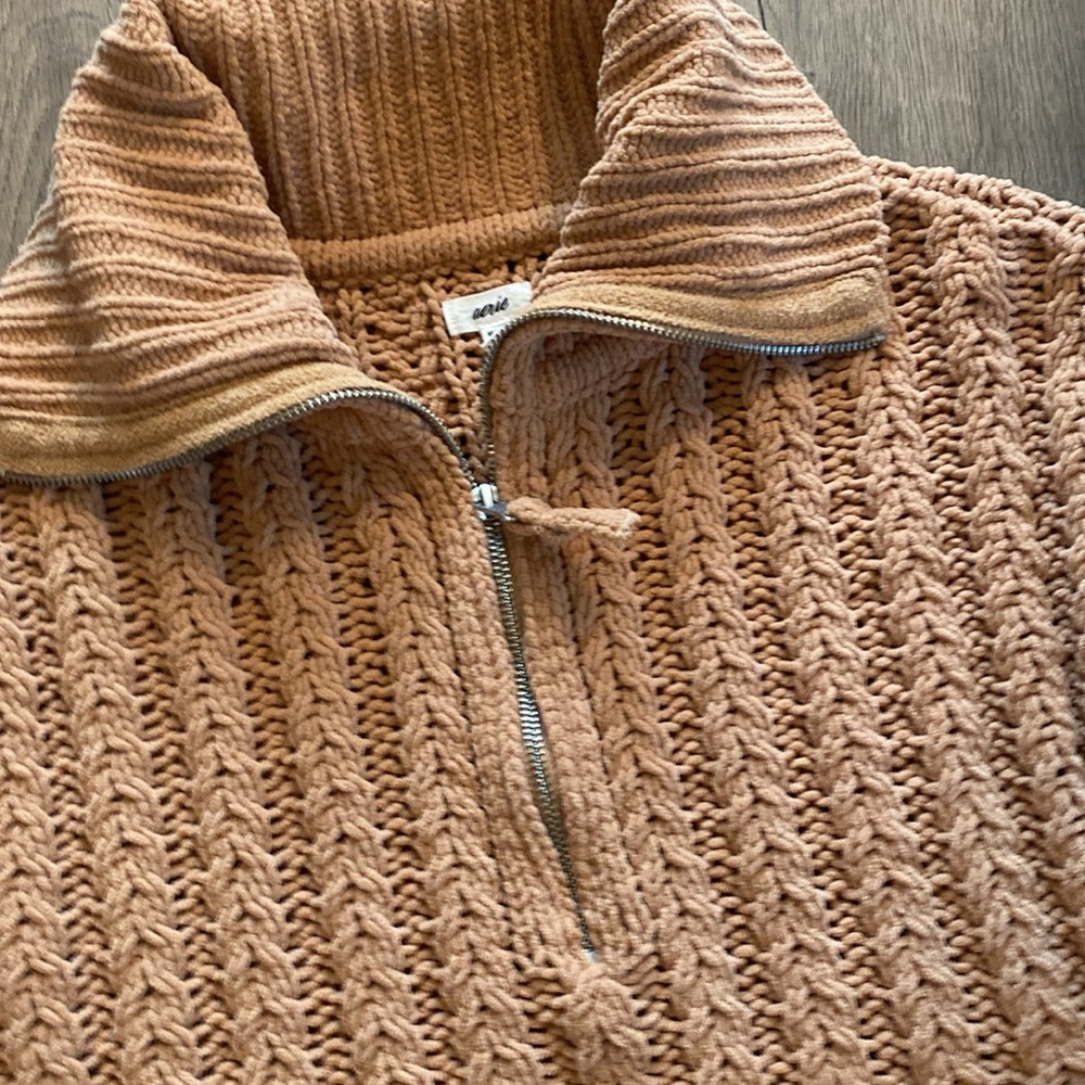 Aerie Oversized Cable Car Quarter Zip Sweater Medium Camel Brown - Picture 8 of 11